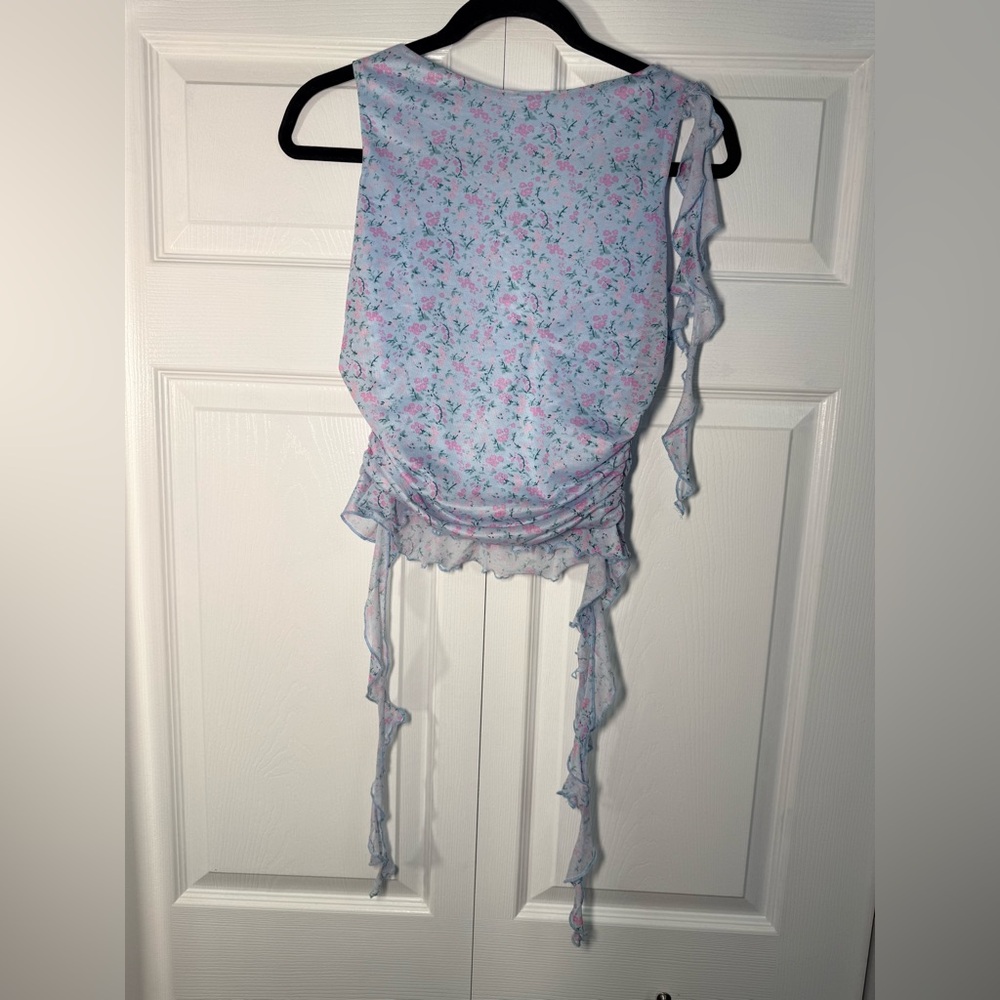 Y2K Lush Light Blue Floral Ruched Tie-Detail Crop Top